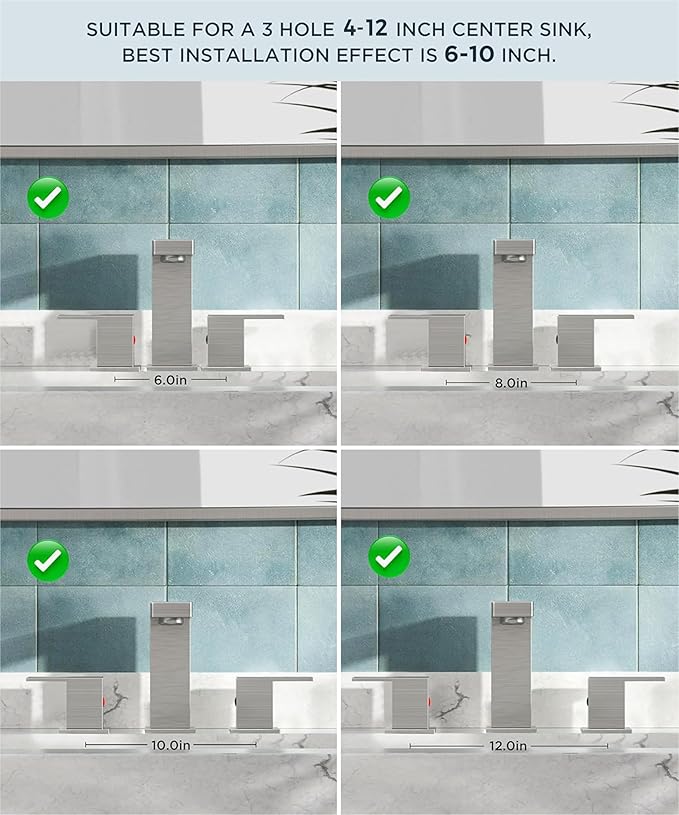 QFN Lead-Free Brushed Nickel Bathroom Faucet 3 Hole, Square Bathroom Sink Faucet 8 Inch Widespread, 2 Handle for 4"-12" Vanity Sink with Metal Pop Up Drain and 24" cUPC Supply Hoses
