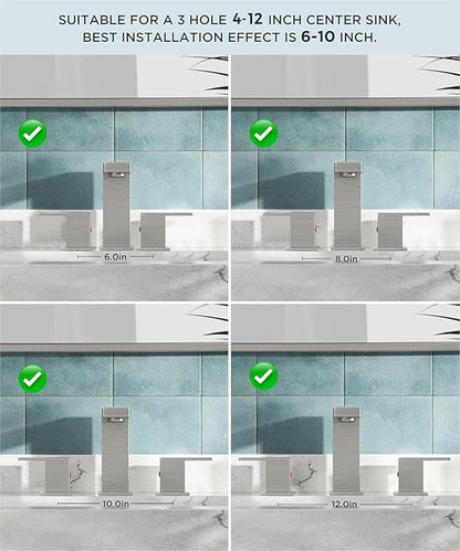 QFN Lead-Free Brushed Nickel Bathroom Faucet 3 Hole, Square Bathroom Sink Faucet 8 Inch Widespread, 2 Handle for 4"-12" Vanity Sink with Metal Pop Up Drain and 24" cUPC Supply Hoses