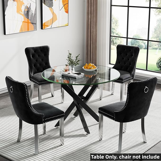 SSLine 35.4" Round Glass Dining Table for 2-4 Modern Circle Glass Tabletop Kitchen Table for 4 Luxury Dinner Tables with Black Metal Legs for Home Kitchen Dining Room(Table Only)