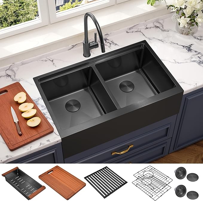 MILOSEN 36 Inch Black Farmhouse Kitchen Sink, 36''x22'' Drop-in Stainless Steel Workstation Apron Front Sink with Ledge & Accessories, 50/50 Double Bowl Farm Sinks, 10'' Large and Deep Handmade Sinks