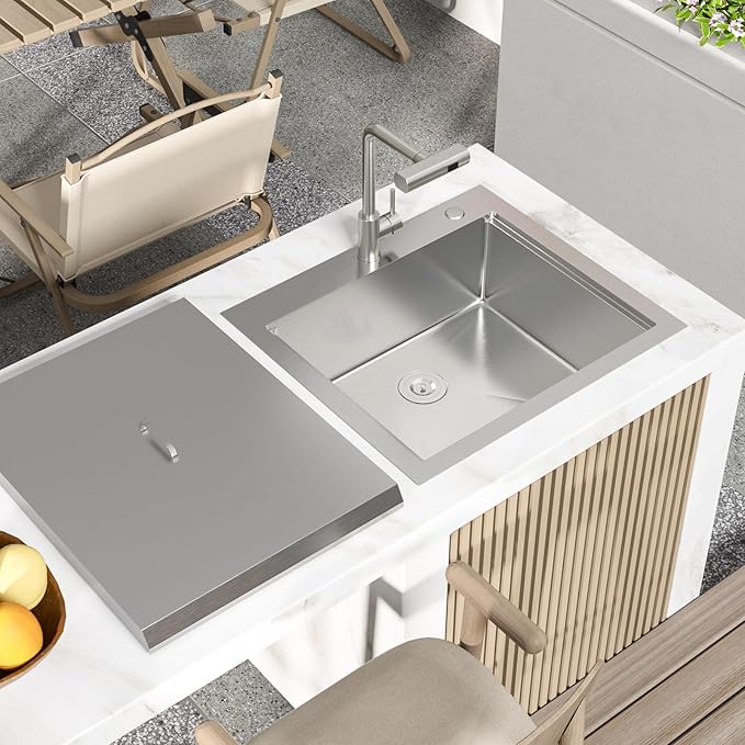 Kichae 25 Outdoor Kitchen Sink Drop In - 25" x 22" Stainless Steel Drop Sink 16 Gauge with Cover for Small Outdoor Kitchens, Bar Prep, and RV Use