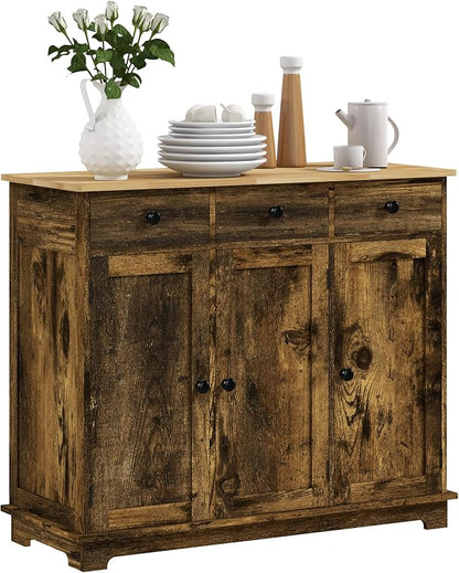 HOMCOM Sideboard Buffet Cabinet with Solid Wood Countertop, Modern Kitchen Storage Cabinet, Coffee Bar Cabinet with 3 Drawers, Doors and Adjustable Shelf, Rustic Brown