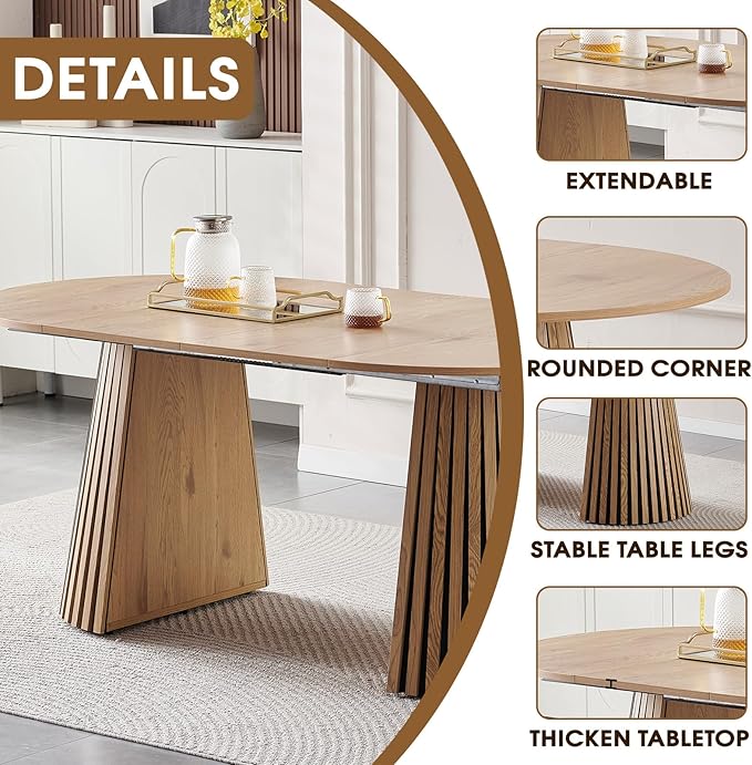39.37-70.87 in Extendable Round Dining Table for 4 6 8, Modern Farmhouse Oval Dining Table with Removable Leaves & Solid Slatted Base, Wooden Expandable Dining Room Table for Kitchen Living Room