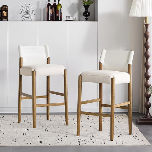 GOWE 28.5'', Modern Solid Wood Bar Stool with Polyester Cushion - Minimalist Kitchen Island Stool for Breakfast Nook & Home Bar (Neutral Tone Design), Set of 2