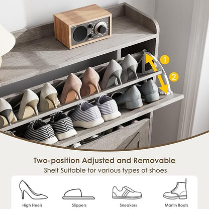 Nicetree Shoe Storage Cabinet with 2 Flip Drawers, Freestanding Shoe Organizer, Shoe Cabinet with Metal Legs, Narrow Shoe Rack Cabinet, Farmhouse Slim Shoe Cabinet for Entryway, Hallway, Rustic Gray