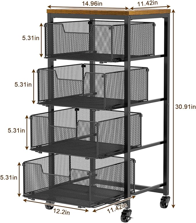 Kitchen Rolling Cart with Drawers, 4-Tier Fruit Vegetable Storage Cart on Wheels with Wooden Top, Kitchen Rolling Storage Rack to Storage Cans Snacks and Potato for Kitchen，(Patent Pending)