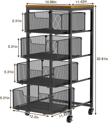 Kitchen Rolling Cart with Drawers, 4-Tier Fruit Vegetable Storage Cart on Wheels with Wooden Top, Kitchen Rolling Storage Rack to Storage Cans Snacks and Potato for Kitchen，(Patent Pending)