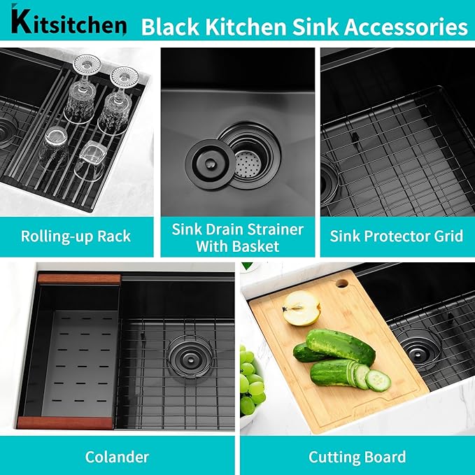 Kitsitchen Black Undermount Kitchen Sink, Black Stainless Steel Kitchen Sink, 32 Inch Large and Deep Handmade Single Bowl Kitchen Sinks with Practical Accessories, 16G Stainless Steel Material