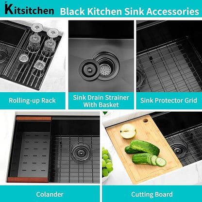 Kitsitchen Black Undermount Kitchen Sink, Black Stainless Steel Kitchen Sink, 32 Inch Large and Deep Handmade Single Bowl Kitchen Sinks with Practical Accessories, 16G Stainless Steel Material