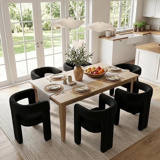 VESCASA Modern Barrel Dining Chairs Set of 6 with Open Back, Upholstered Boucle Accent Kitchen Armchairs with Wood Legs for Dining Room Reception Small Space, Black