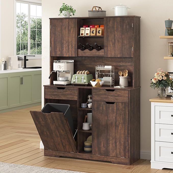 71"H Kitchen Pantry Storage Cabinet with Power Outlets and Two Drawers,10X2 Gallon Kitchen Hidden Double Tilt Out Trash Can Cabinet with Trash Bin Storage Holders,Laundry Hamper Cabinets(Brown)