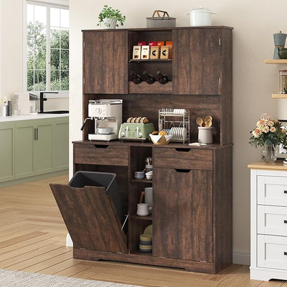 71"H Kitchen Pantry Storage Cabinet with Power Outlets and Two Drawers,10X2 Gallon Kitchen Hidden Double Tilt Out Trash Can Cabinet with Trash Bin Storage Holders,Laundry Hamper Cabinets(Brown)