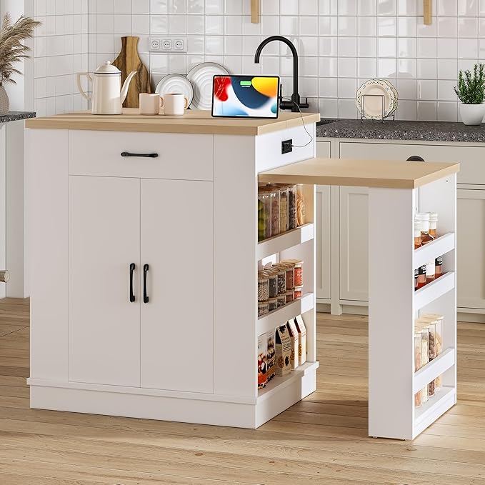 Kitchen Island Console with Storage, White and Natural Wood Top, Extendable Dining Table with Drawers and Shelves, 80.7 x 33.4 x 35.3 Inches (White)