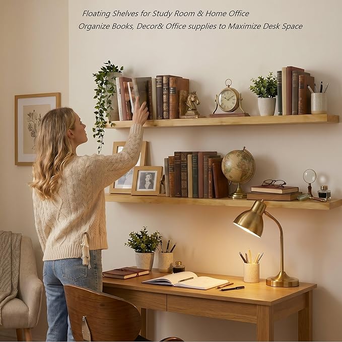 BBE 60 Inch Long Wooden Floating Book Shelves for Room Wall，Heavy Duty Floating Solid Wood Wall-Mounted Shelves with Invisible Bracket for Living Room Bedroom Kitchen Home Display Storage,Set of 2