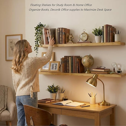 BBE 60 Inch Long Wooden Floating Book Shelves for Room Wall，Heavy Duty Floating Solid Wood Wall-Mounted Shelves with Invisible Bracket for Living Room Bedroom Kitchen Home Display Storage,Set of 2