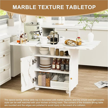 47" Folding Dining Table with Cabinet & Wheels, White Marble Kitchen Island - Versatile Entryway & Coffee Table