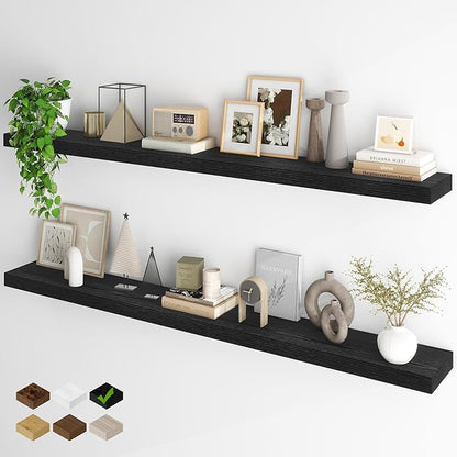 Fun Memories 66 Inch Fireplace Mantel - Long Floating Shelf, Wall Mounted Farmhouse Display with Invisible Heavy Duty Metal Bracket, Black, 2 Pack