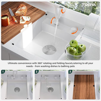 TORVA RV Kitchen Sink, 16 x 21 x 7 Inch Undermount Bar Sink 16 Gauge Stainless Steel Single Bowl Sink with Foldable Faucet Cutting Board, White