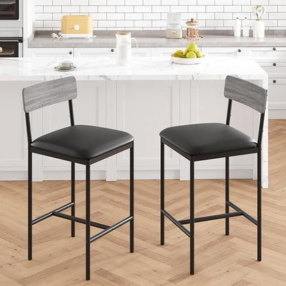 TrailBlaze Modern Upholstered Bar Stools Set of 2 with Back and Footrest, 25.5'' Counter Height Dining Chairs, Thick Cushioned Metal Frame - Kitchen Island, Bar, Dining Room - Easy Assembly - Grey