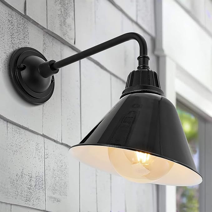 JONATHAN Y 9.63" Black 1-Light Farmhouse Outdoor Sconce, Industrial LED Wall Light, Gooseneck Arm Barn Lamp with Metal Bell Shade for Porch, Patio, Kitchen, LED Bulb Included (JYL7612B)