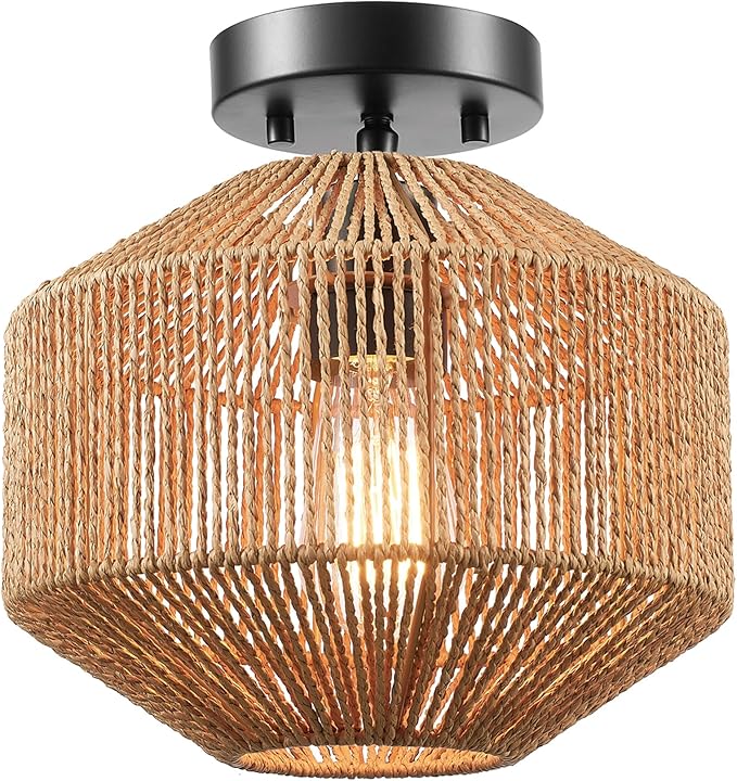 GLOBE Electric 65902 1-Light Flush Mount Ceiling Light, Matte Black, Paper Twine Shade