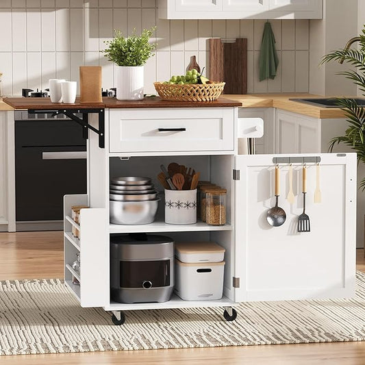 Farmhouse Kitchen Island with Drop Leaf Rolling Cart with Lockable Wheels Storage Island with Open Side Rack Storage Cart Practical(White)