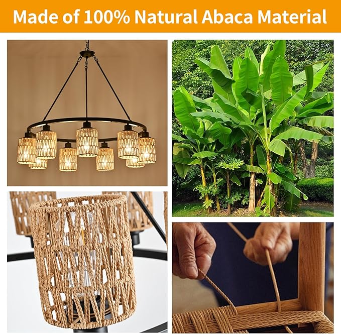 9-Light 32" Boho Rattan Chandeliers for Dining Room,Farmhouse Wagon Wheel Chandeliers,Adjustable Height Hanging Round Pendant Lighs for Kitchen Island,Wicker Lampshade Chandelier Light Fixture