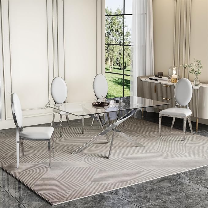 Luxury Silver Glass Dining Table for 4 Modern 51" Rectangular Kitchen & Dining Room Table with X-Shape Stainless Steel Base Large Clear Glass Top Dining Table for Home Office