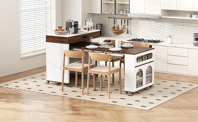 Extendable Kitchen Island Table: 1 Table 3 Sizes 19.9" to 73.8" - Rolling Mobile Dining Table with Power Outlet & Storage - Space-Saving for Small Apartments & Open Kitchens