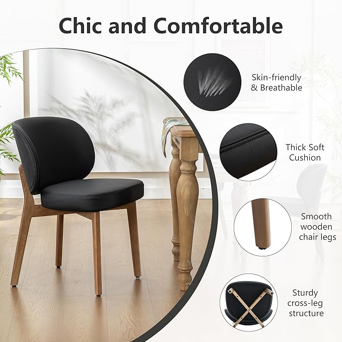 YOUNIKE Dining Chairs Set of 6 Mid Century Modern Kitchen Chair with High Back Faux Leather Upholstered Armless Chair 20" Wide Padded Seat with Wooden Legs for Kitchen Dining Living Room Bedroom Black