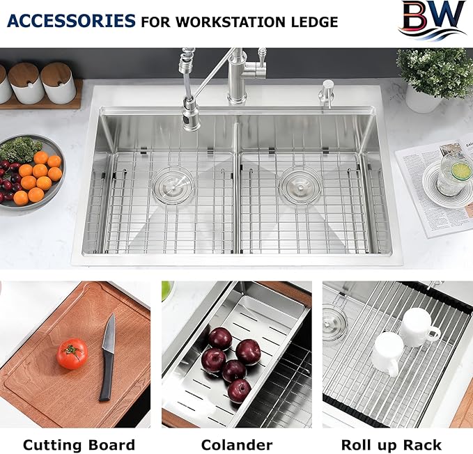 33x22 Double Bowl Kitchen Sink Drop In - 16 Gauge Stainless Steel Top Mount Drop In Sink, 50/50 Split Double Bowl Workstation Kitchen Sinks, Durable for Home Kitchens
