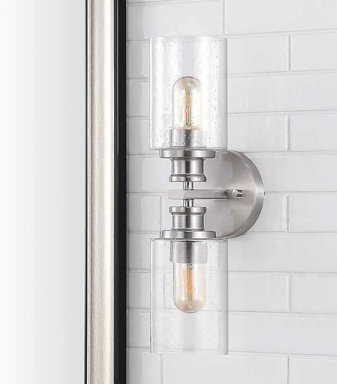 JONATHAN Y 16.5" Nickel 2-Light LED Wall Sconce, Modern Farmhouse Vanity Light with Seeded Glass Shade, Industrial Iron Fixture for Bathroom Mirror, LED Bulbs Included (JYL7577C)
