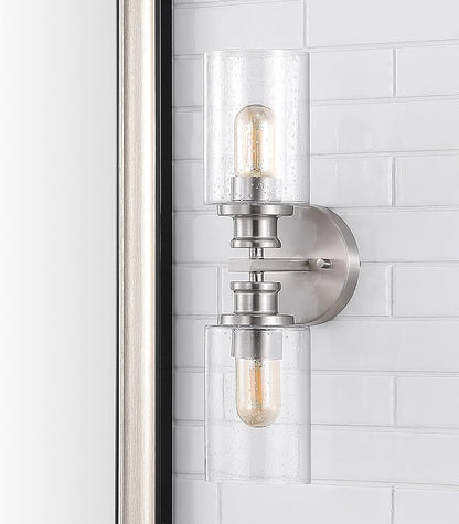 JONATHAN Y 16.5" Nickel 2-Light LED Wall Sconce, Modern Farmhouse Vanity Light with Seeded Glass Shade, Industrial Iron Fixture for Bathroom Mirror, LED Bulbs Included (JYL7577C)