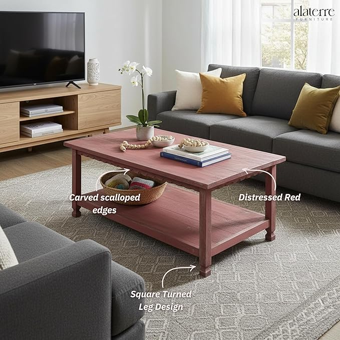 Rustic Rectangluar Coffee Table w/ 1 Shelf, Red Antique, Distressed Finish, Farmhouse Style, Accent Home Decor Living Room Furniture, Hardwoods (Pine/Acacia), Durable, 42 in. W x 24 in. D x 18 in. H