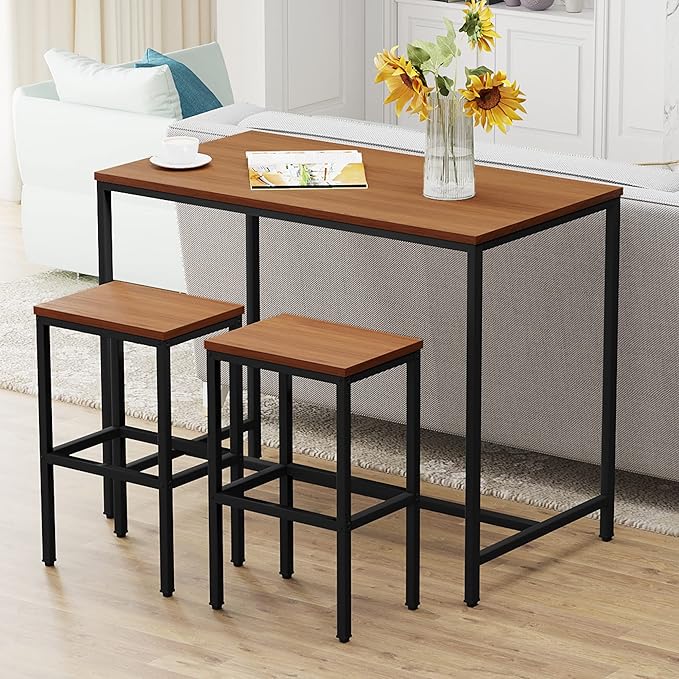 Yongchuang 3 Piece Bar Table Set, Bar Table and Chairs Set of 2, Modern Counter Height Table with 2 Stools for Kitchen, Dining Room, Living Room Breakfast Table Industrial Brown Wood Top