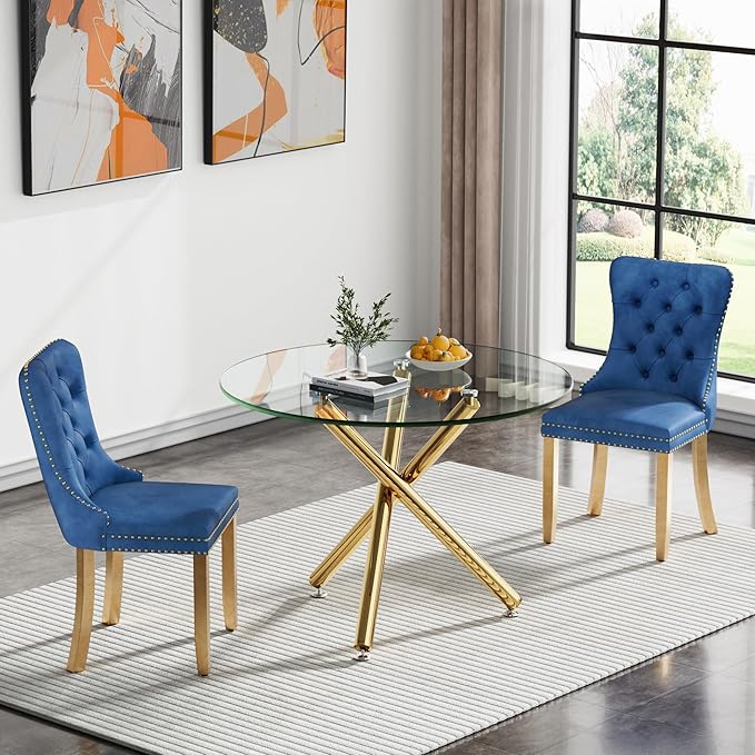 Round Glass Dining Table, Tempered Glass Tabletop and Metal Legs, Modern Style Glass Kitchen Table for Home, Kitchen, Dining Room (Gold, 36'' Round Table)