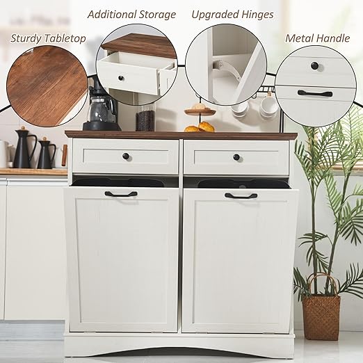 Double Tilt Out Trash Cabinet Freestanding Wooden Garbage Can Cabinet with Hideaway Drawers, 2x13 Gallons Pet Proof Garbage Can Holder for Kitchen Living Room