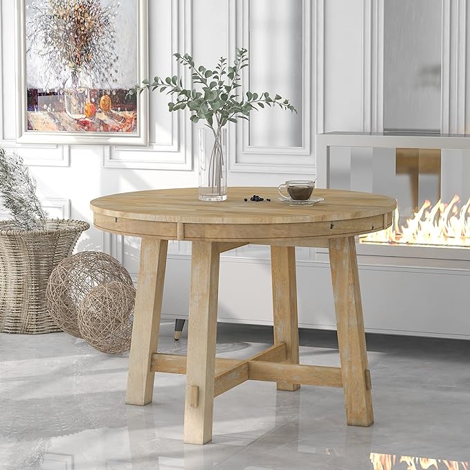 Ball & Cast Farmhouse Extendable Dining Table for 4-6, 42"-58" Extendable Kitchen-Table with a 16" Leaf, Round Ellipse Retro Wood Dining Room-Table w/Removable Leaves,Space Saving, Natural