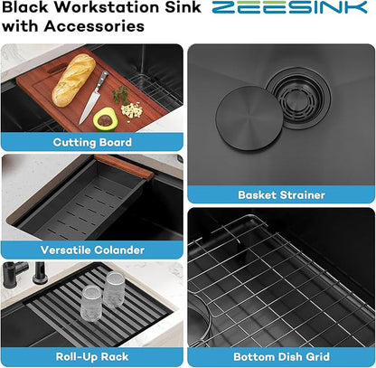 Double Bowl Kitchen Sink 30" X 18",Black Undermount Kitchen Sink,16 Gauge Stainless Steel Undermount Double Sinks with Workstation