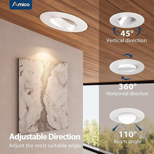 Amico 12 Pack 6 Inch Retrofit Eyeball Gimbal Can Lights, Adjustable Eyeball Directional 5CCT LED Recessed Lights, Dimmable, 2700K/3000K/3500K/4000K/5000K Selectable, 10W 950LM, ETL&FCC