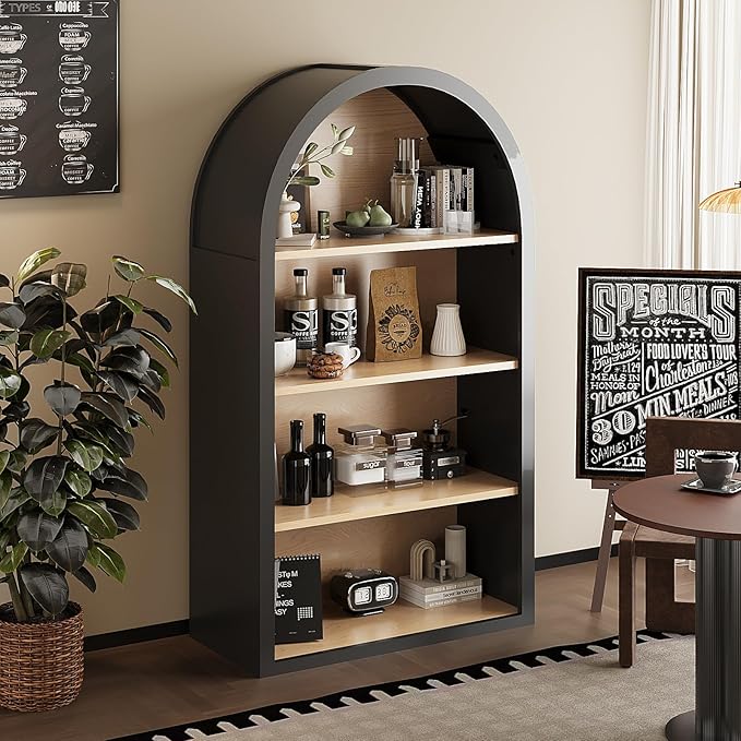 Ball & Cast 43" Tall Arched Storage Cabinet,Modern 4-Tier Wooden Display Cabinet with Open Shelves,Versatile Floor Bookcase Cabinet Organizer for Library,Living Room, Office, Black