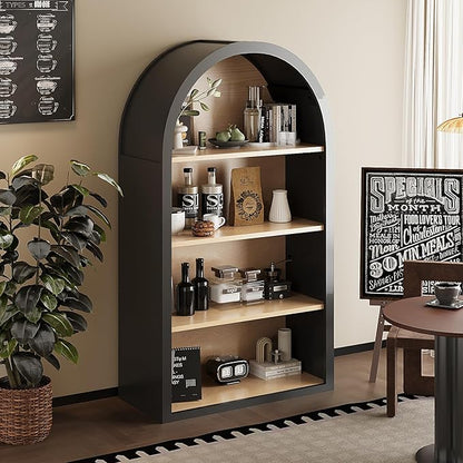 Ball & Cast 43" Tall Arched Storage Cabinet,Modern 4-Tier Wooden Display Cabinet with Open Shelves,Versatile Floor Bookcase Cabinet Organizer for Library,Living Room, Office, Black