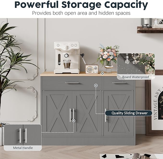 SUNLEI Kitchen Buffet Sideboard Cabinet, Wooden Storage with 3 Doors and 2 Drawers, Adjustable Shelf, Modern Farmhouse Coffee Bar Cabinet with Storage for Kitchen/Laundry/Living Room,Grey