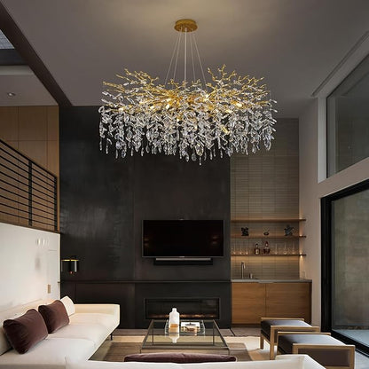 Crystal Tree Branches Chandeliers Round Raindrop Pendant Light Fixture 15 Lights for Dining Room Bedroom Living Room Entryway 39.5" Gold