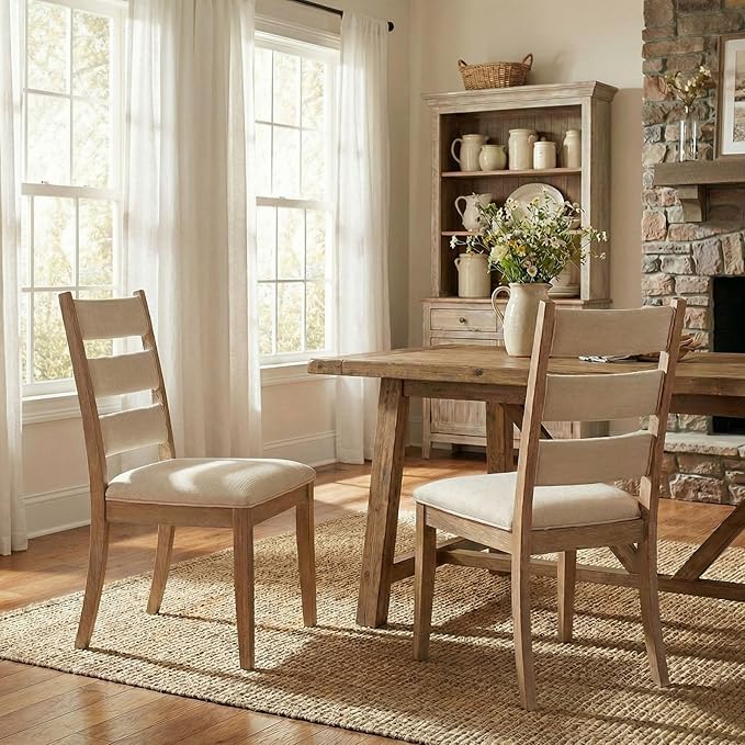 Beige Dining Chairs Set of 2, French Country Upholstered Chenille Ladder High Back Dining Room Kitchen Side Chairs with Brown Legs/Non-Slip Foot Mats