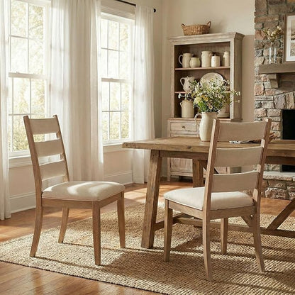 Beige Dining Chairs Set of 2, French Country Upholstered Chenille Ladder High Back Dining Room Kitchen Side Chairs with Brown Legs/Non-Slip Foot Mats