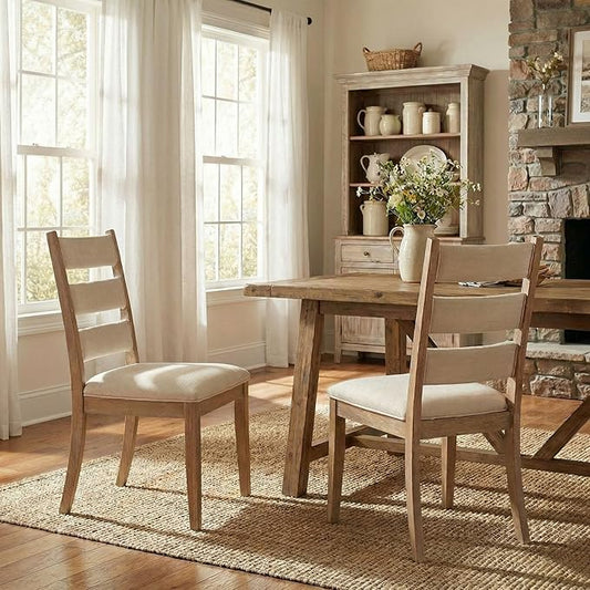 Beige Dining Chairs Set of 2, French Country Upholstered Chenille Ladder High Back Dining Room Kitchen Side Chairs with Brown Legs/Non-Slip Foot Mats