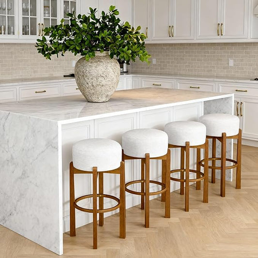 Set of 2 Bar Stools for Kitchen Island, Solid Rubberwood Counter Height Chairs with Dark Walnut Frame & Ivory Cushion, Mid-Century Modern Indoor Dining Stools with Footrest (4, Walnut)