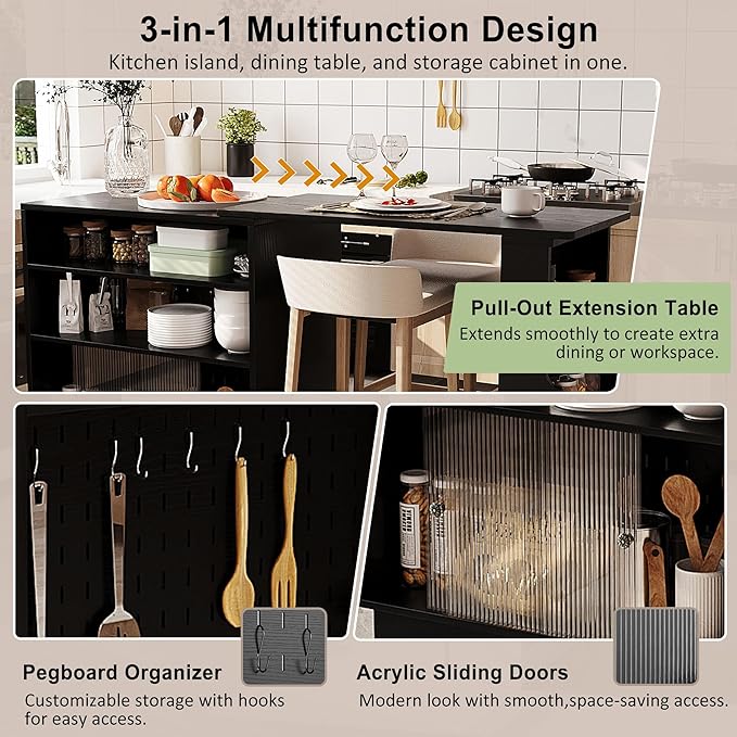 Modern Counter Height Dining Table,Extendable Kitchen Island & Buffet with Acrylic Sliding Doors,Pegboard,Half-Open Storage Shelves,Aluminum Alloy Handles (Black-MC)