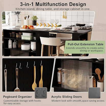 Modern Counter Height Dining Table,Extendable Kitchen Island & Buffet with Acrylic Sliding Doors,Pegboard,Half-Open Storage Shelves,Aluminum Alloy Handles (Black-MC)